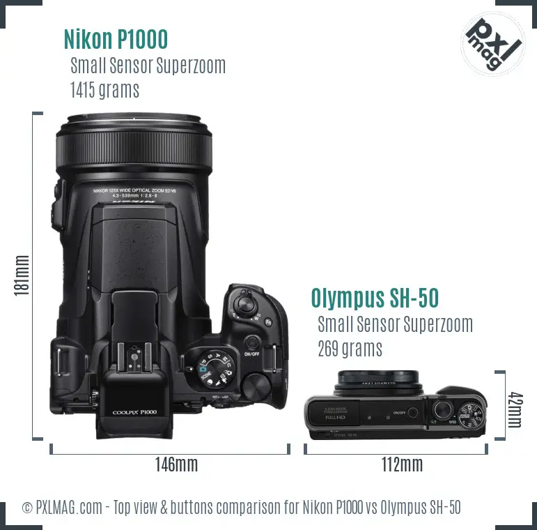 Nikon P1000 vs Olympus SH-50 top view buttons comparison