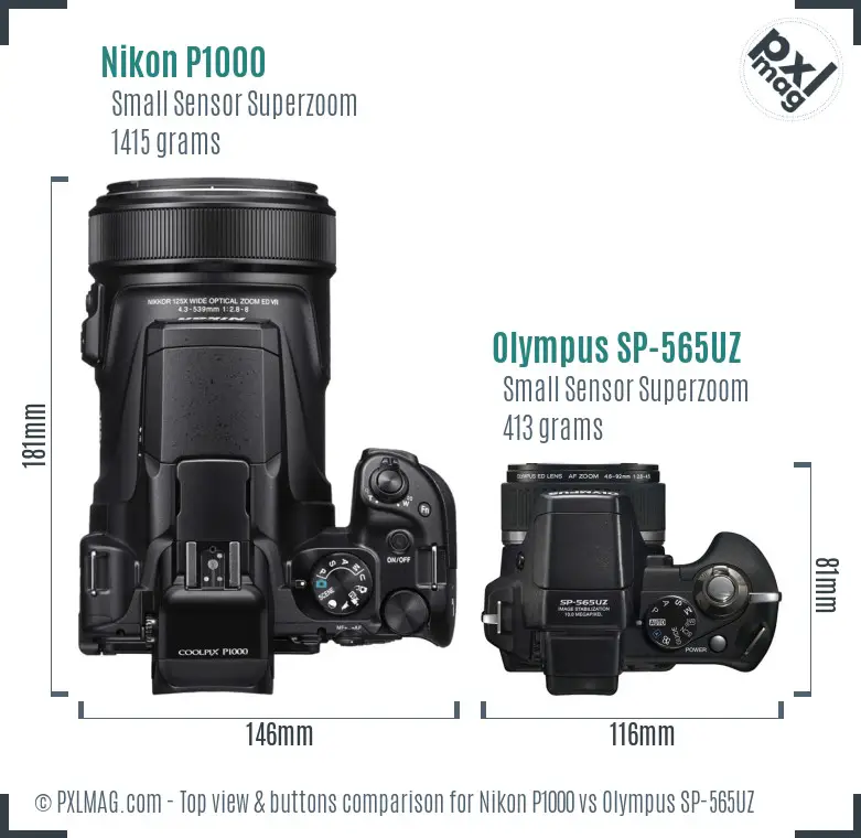 Nikon P1000 vs Olympus SP-565UZ top view buttons comparison