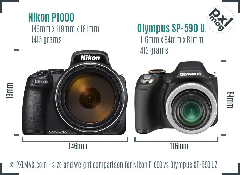 Nikon P1000 vs Olympus SP-590 UZ size comparison