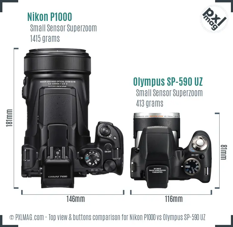 Nikon P1000 vs Olympus SP-590 UZ top view buttons comparison