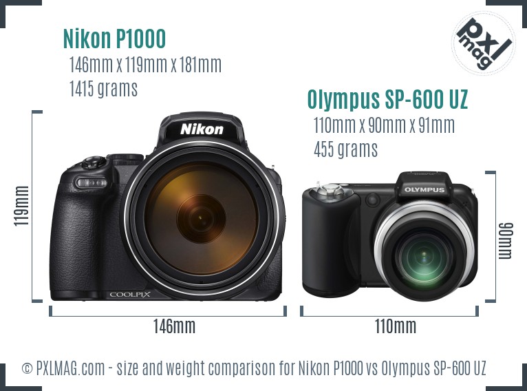 Nikon P1000 vs Olympus SP-600 UZ size comparison