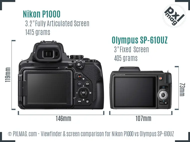 Nikon P1000 vs Olympus SP-610UZ Screen and Viewfinder comparison