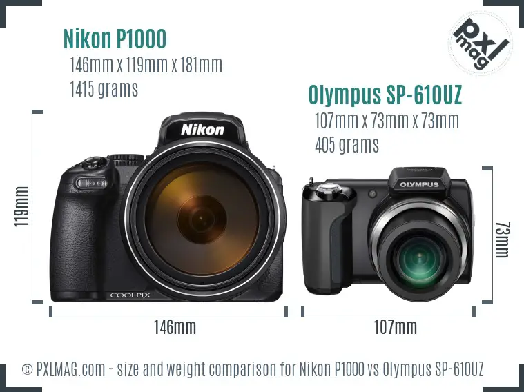 Nikon P1000 vs Olympus SP-610UZ size comparison