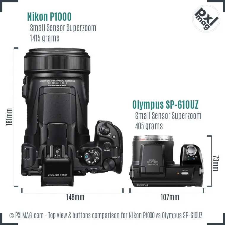 Nikon P1000 vs Olympus SP-610UZ top view buttons comparison