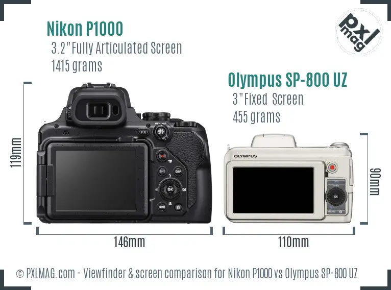 Nikon P1000 vs Olympus SP-800 UZ Screen and Viewfinder comparison