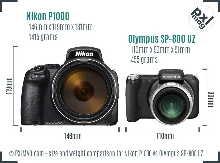 Nikon P1000 vs Olympus SP-800 UZ size comparison