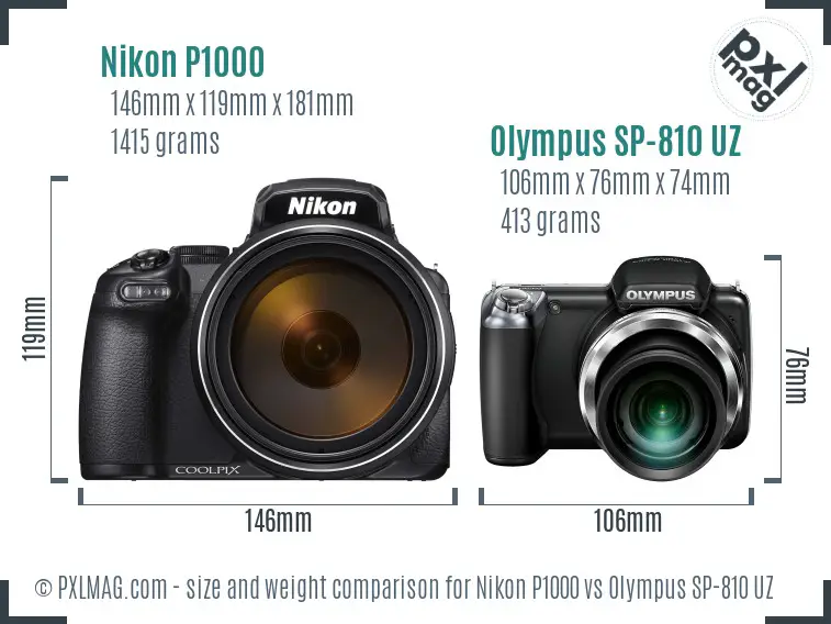 Nikon P1000 vs Olympus SP-810 UZ size comparison