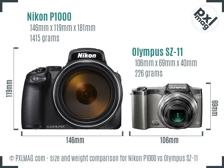 Nikon P1000 vs Olympus SZ-11 size comparison
