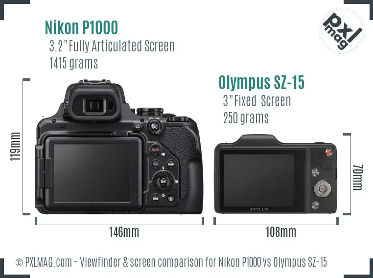 Nikon P1000 vs Olympus SZ-15 Screen and Viewfinder comparison