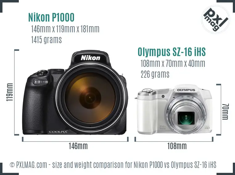 Nikon P1000 vs Olympus SZ-16 iHS size comparison Nikon P1000 vs Olympus SZ-16 iHS size comparison