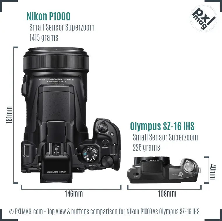 Nikon P1000 vs Olympus SZ-16 iHS top view buttons comparison Nikon P1000 vs Olympus SZ-16 iHS top view buttons comparison