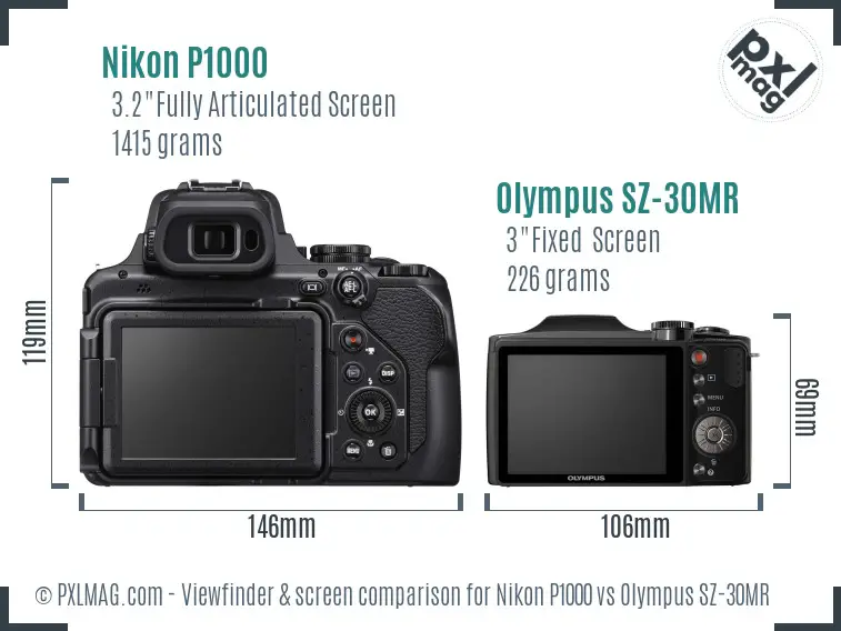 Nikon P1000 vs Olympus SZ-30MR Screen and Viewfinder comparison