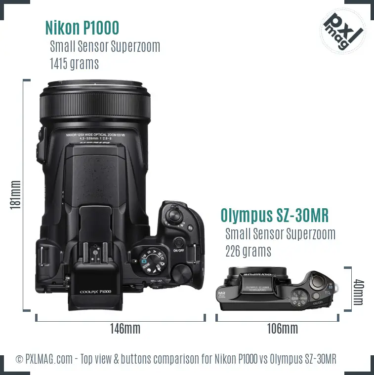 Nikon P1000 vs Olympus SZ-30MR top view buttons comparison