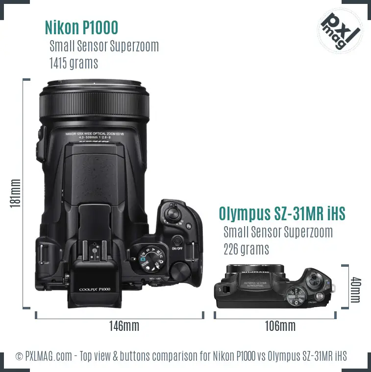 Nikon P1000 vs Olympus SZ-31MR iHS top view buttons comparison
