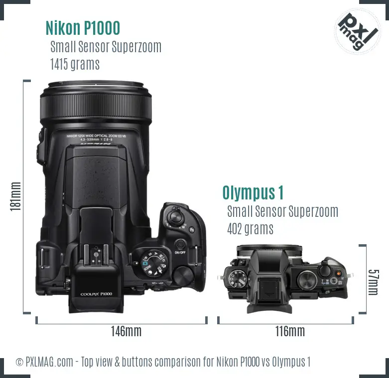 Nikon P1000 vs Olympus 1 top view buttons comparison