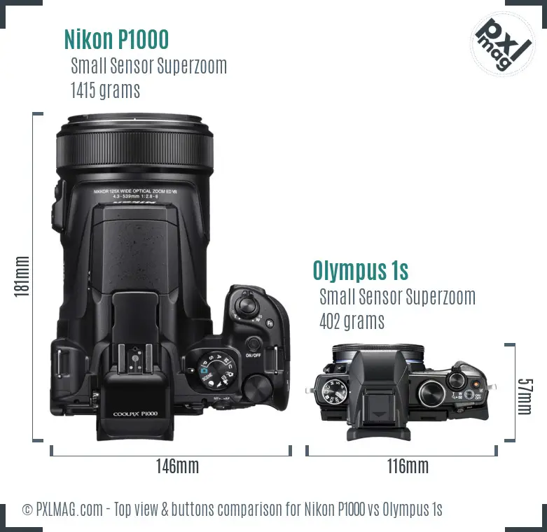 Nikon P1000 vs Olympus 1s top view buttons comparison