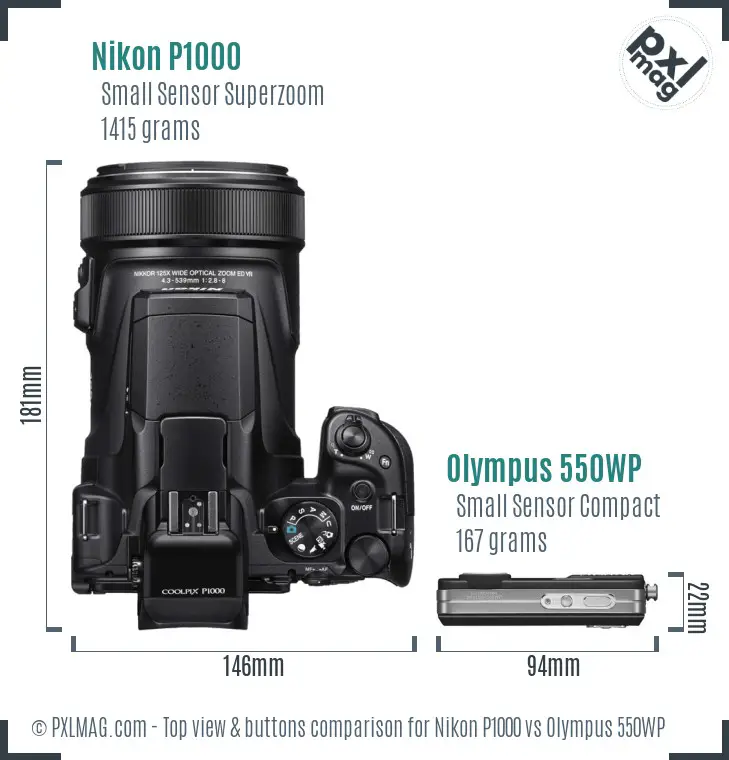 Nikon P1000 vs Olympus 550WP top view buttons comparison Nikon P1000 vs Olympus 550WP top view buttons comparison