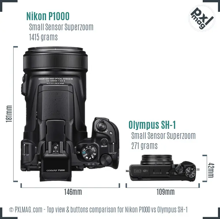 Nikon P1000 vs Olympus SH-1 top view buttons comparison