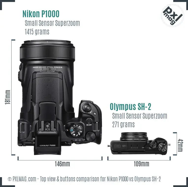 Nikon P1000 vs Olympus SH-2 top view buttons comparison Nikon P1000 vs Olympus SH-2 top view buttons comparison