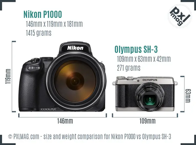 Nikon P1000 vs Olympus SH-3 size comparison