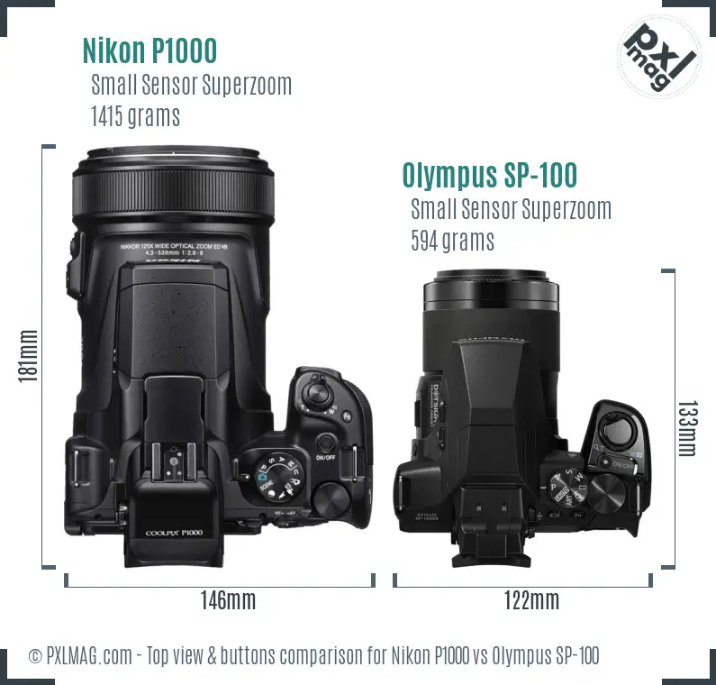 Nikon P1000 vs Olympus SP-100 top view buttons comparison