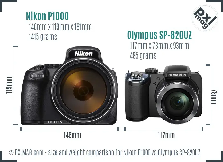 Nikon P1000 vs Olympus SP-820UZ size comparison