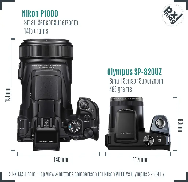 Nikon P1000 vs Olympus SP-820UZ top view buttons comparison