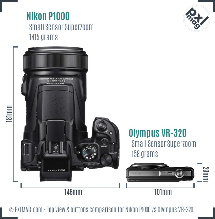 Nikon P1000 vs Olympus VR-320 top view buttons comparison