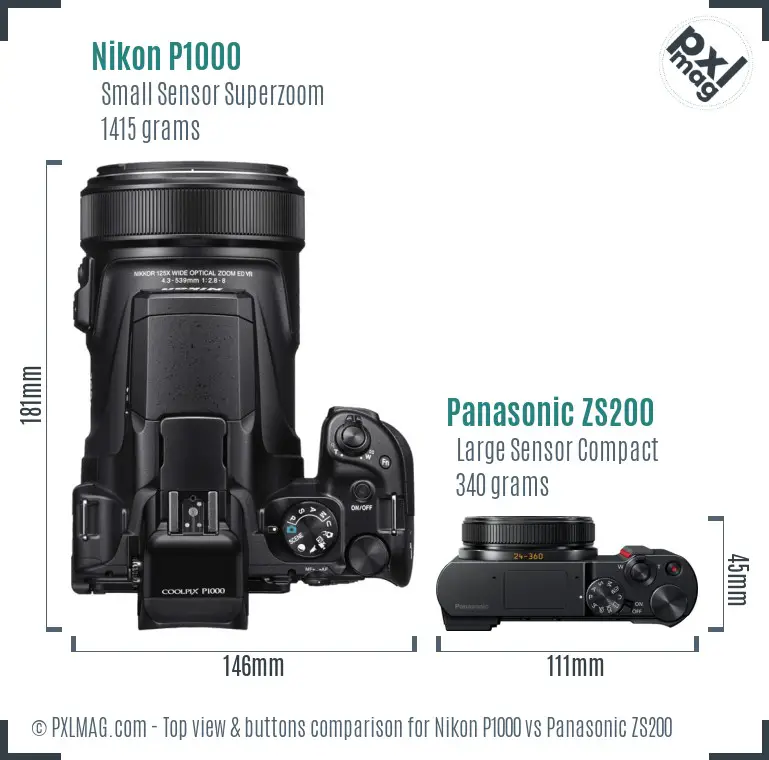 Nikon P1000 vs Panasonic ZS200 top view buttons comparison