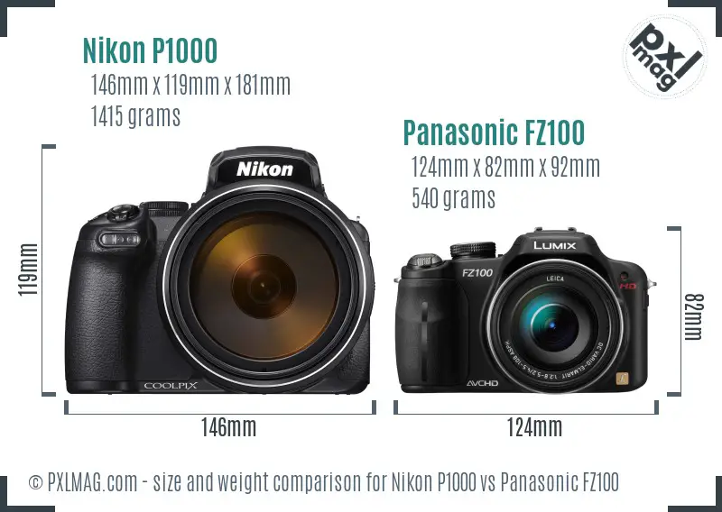Nikon P1000 vs Panasonic FZ100 size comparison