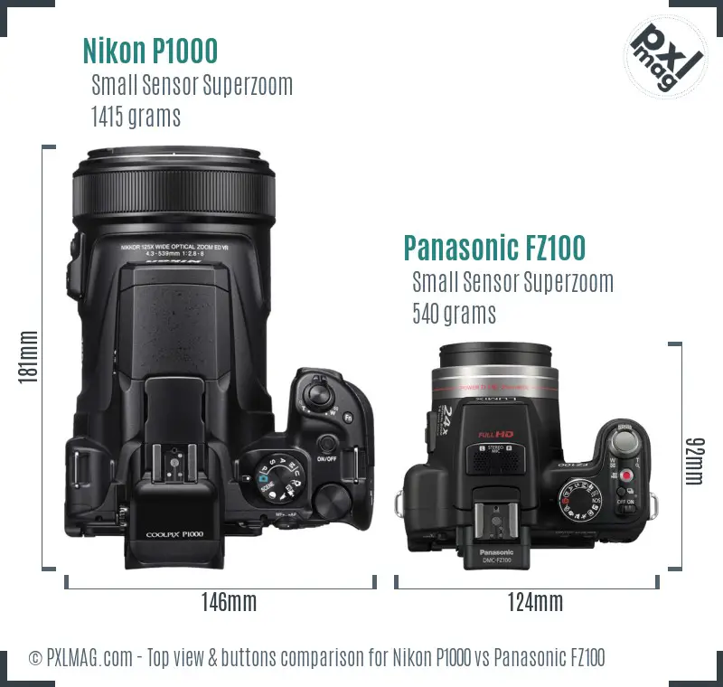 Nikon P1000 vs Panasonic FZ100 top view buttons comparison
