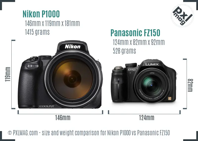 Nikon P1000 vs Panasonic FZ150 size comparison
