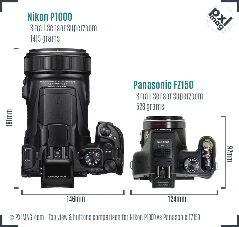 Nikon P1000 vs Panasonic FZ150 top view buttons comparison