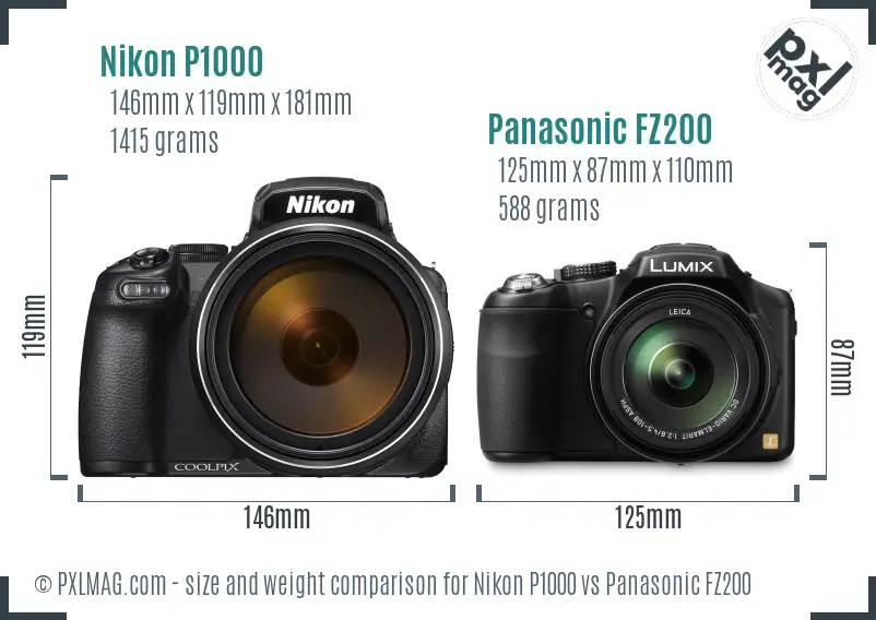 Nikon P1000 vs Panasonic FZ200 size comparison