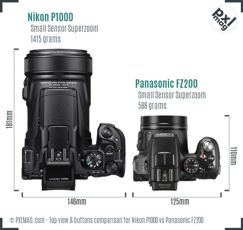 Nikon P1000 vs Panasonic FZ200 top view buttons comparison