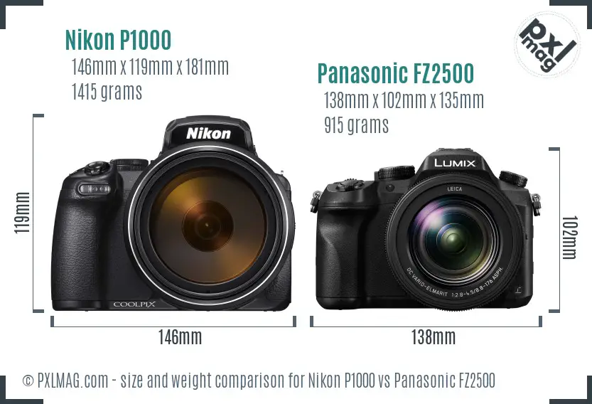 Nikon P1000 vs Panasonic FZ2500 size comparison