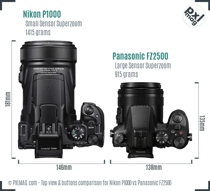 Nikon P1000 vs Panasonic FZ2500 top view buttons comparison