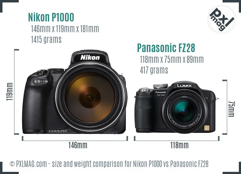Nikon P1000 vs Panasonic FZ28 size comparison