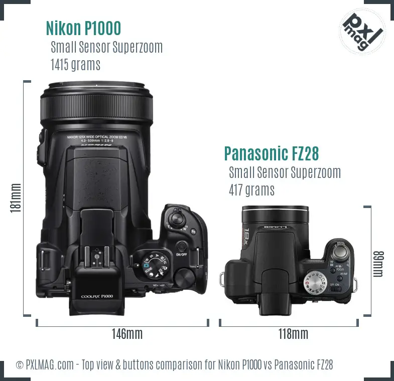 Nikon P1000 vs Panasonic FZ28 top view buttons comparison