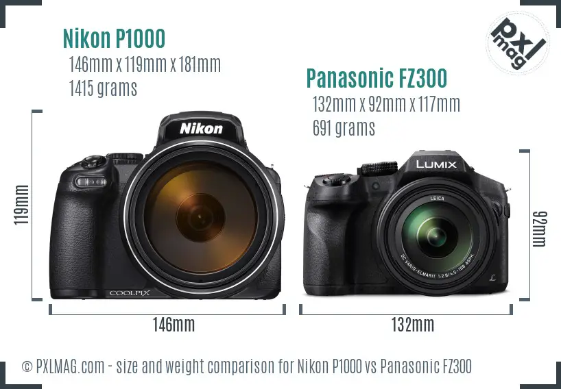Nikon P1000 vs Panasonic FZ300 size comparison