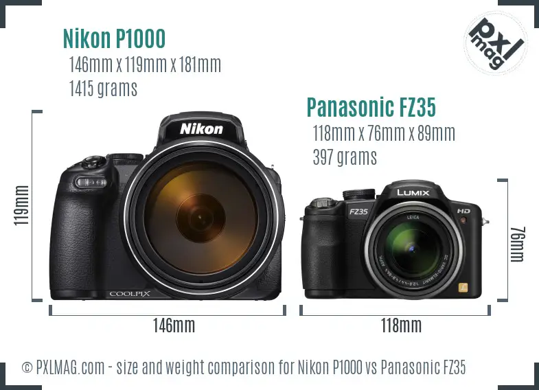 Nikon P1000 vs Panasonic FZ35 size comparison