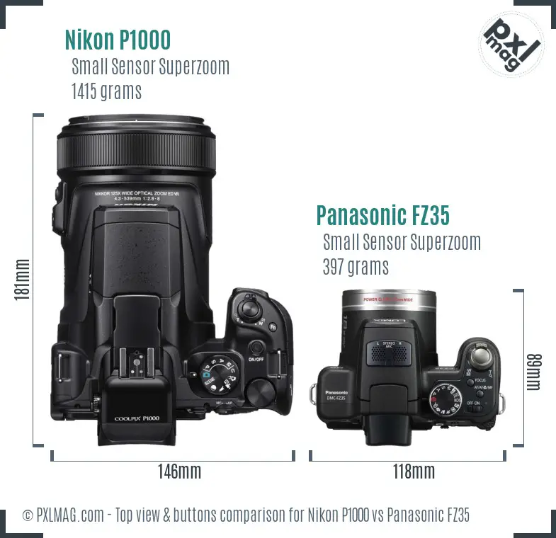 Nikon P1000 vs Panasonic FZ35 top view buttons comparison