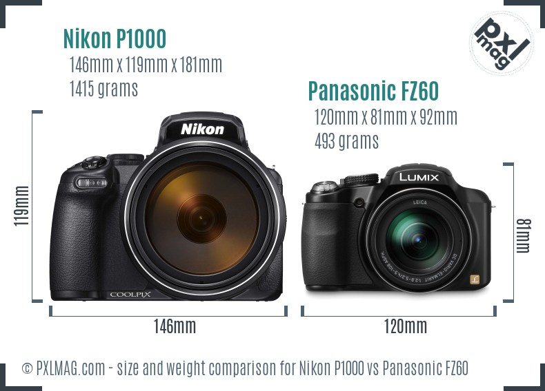Nikon P1000 vs Panasonic FZ60 size comparison