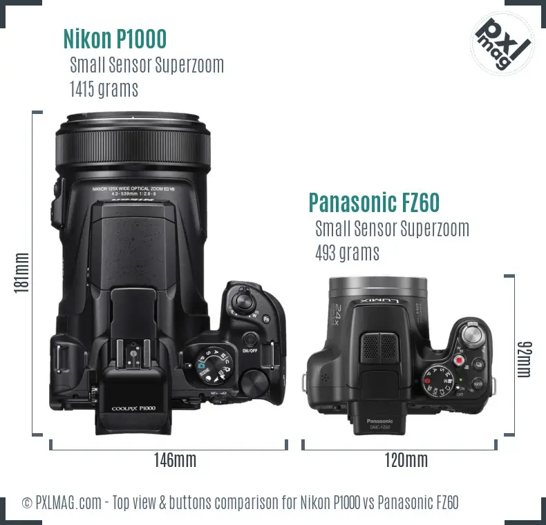 Nikon P1000 vs Panasonic FZ60 top view buttons comparison