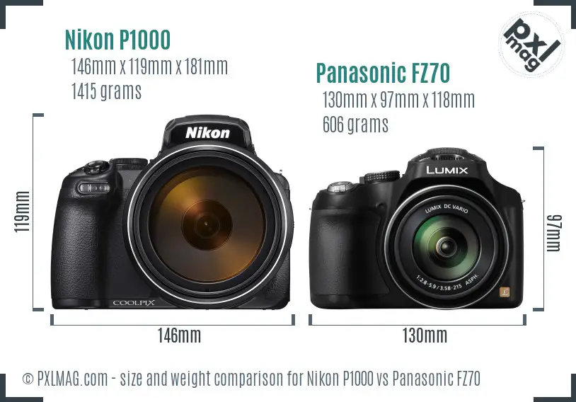 Nikon P1000 vs Panasonic FZ70 size comparison