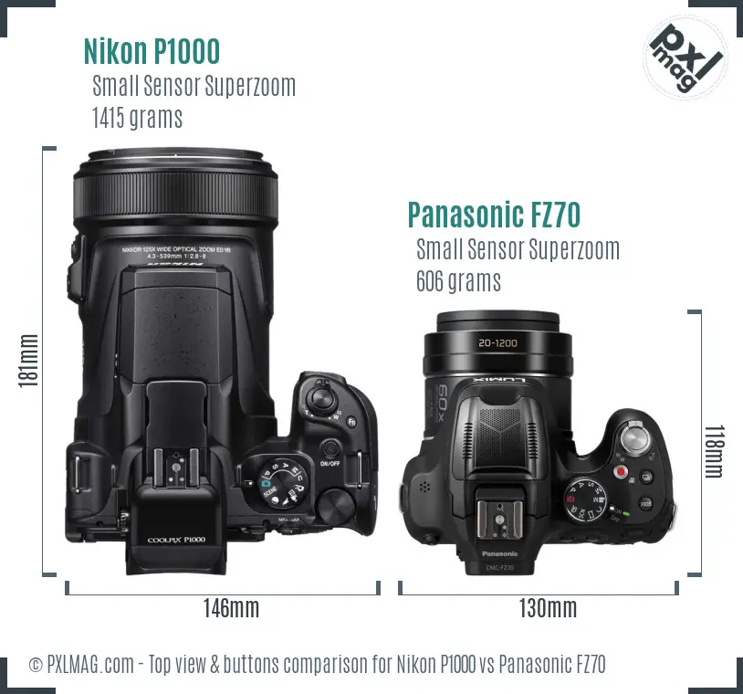 Nikon P1000 vs Panasonic FZ70 top view buttons comparison
