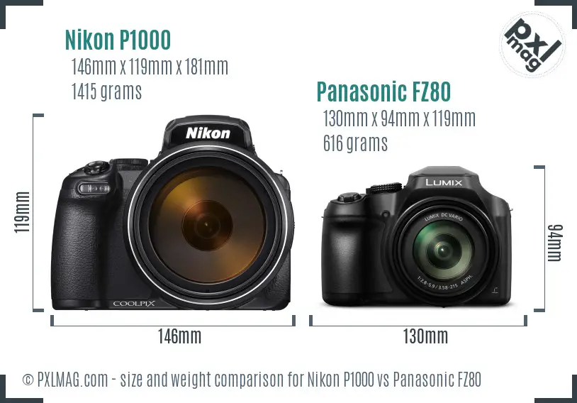 Nikon P1000 vs Panasonic FZ80 size comparison