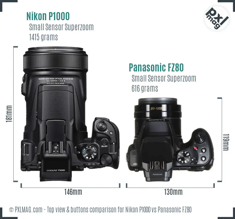 Nikon P1000 vs Panasonic FZ80 top view buttons comparison