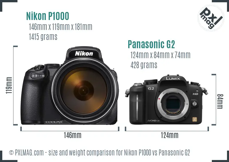 Nikon P1000 vs Panasonic G2 size comparison