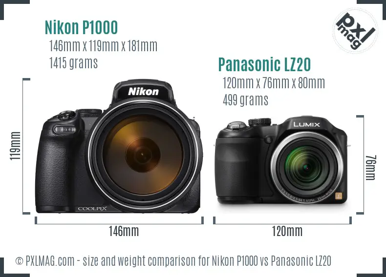Nikon P1000 vs Panasonic LZ20 size comparison
